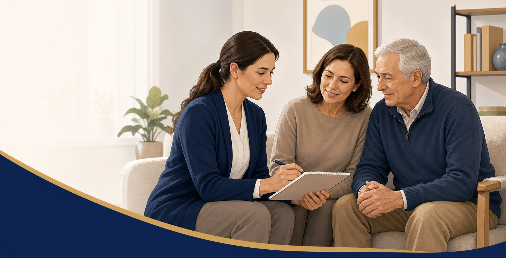 Clinician coaching a caregiver and older adult in a calm care setting
